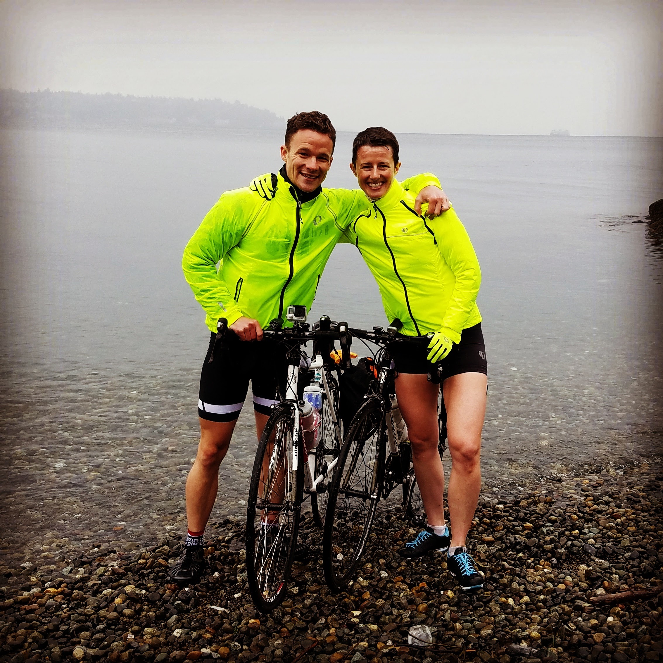 Ben and Kate with their bikes at Puget Sound, Seattle - the start of their cross-country journey